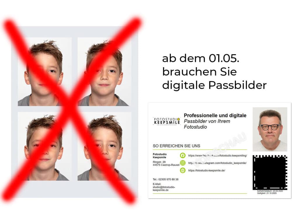 E-Passbilder sind ab 01.05.2025 Pflicht. Auf dem Bild ist ein früheres Passbild (Ausdruck) durchgestrichen und daneben ist der neue QR-Code sichtbar