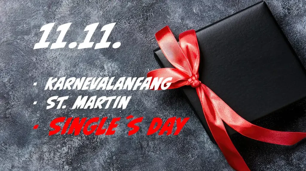 Kalender mit roter Schleife und dem Hinweis, dass am 11.11. Singles Day ist.